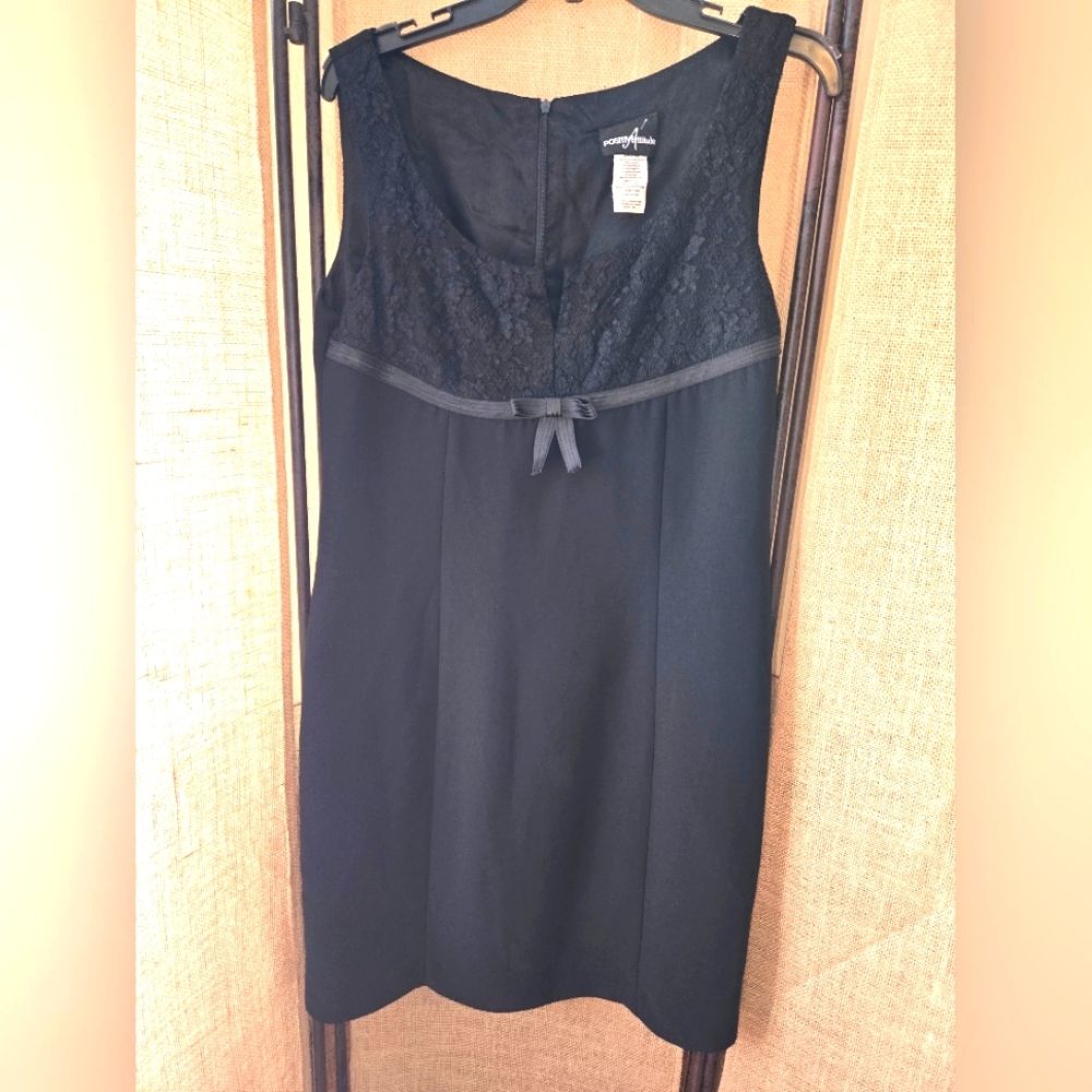 Vintage Positive Attitude Black Lace Trim With Bow Dress Size 14